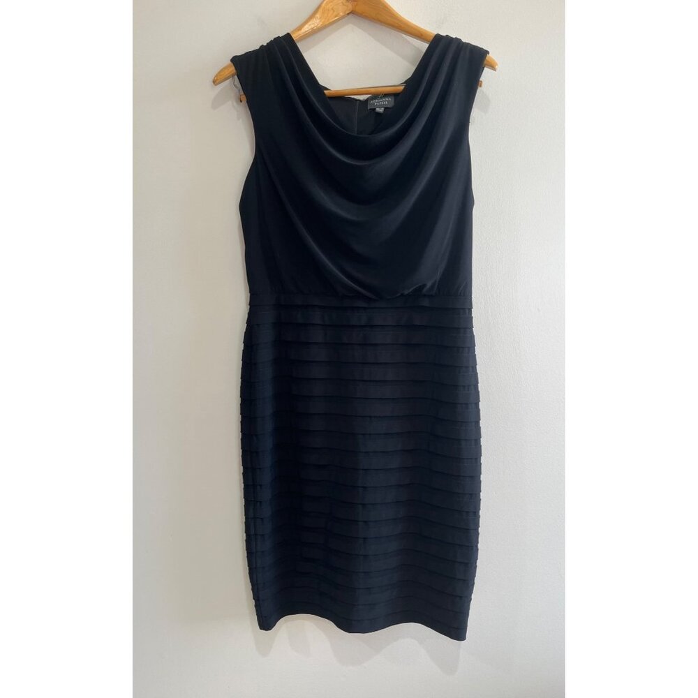 Adrianna Papell Cowl Neck Sheath Dress Womens 8 Black Cocktail Pleated Sleeveles